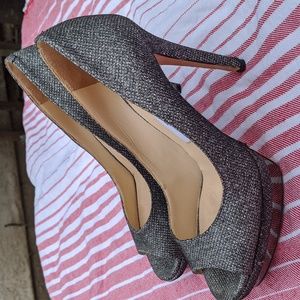 Jimmy Choo Silver Glitter Peep-toe Pumps, Size 7.5